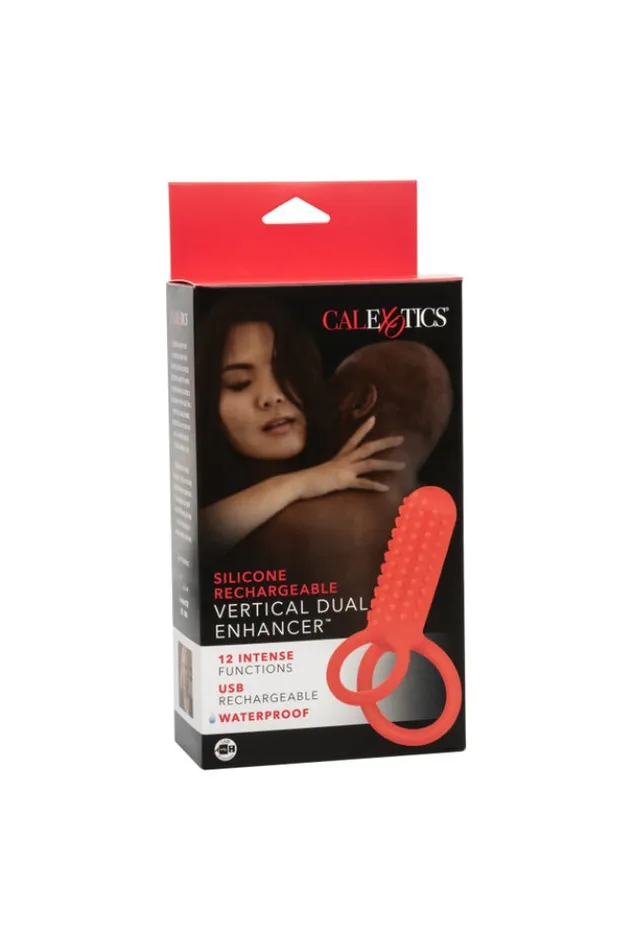 Cal Exotics Male Sex Toys Cal Exotics Couples Enhancer Silicone Rechargeable Vertical Dual Cock Ring Red