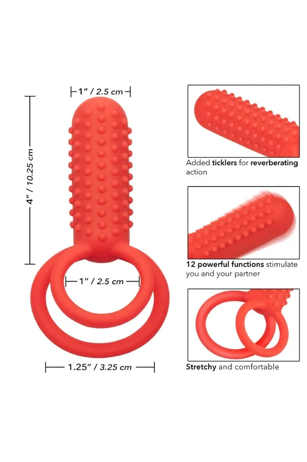 Cal Exotics Male Sex Toys Cal Exotics Couples Enhancer Silicone Rechargeable Vertical Dual Cock Ring Red
