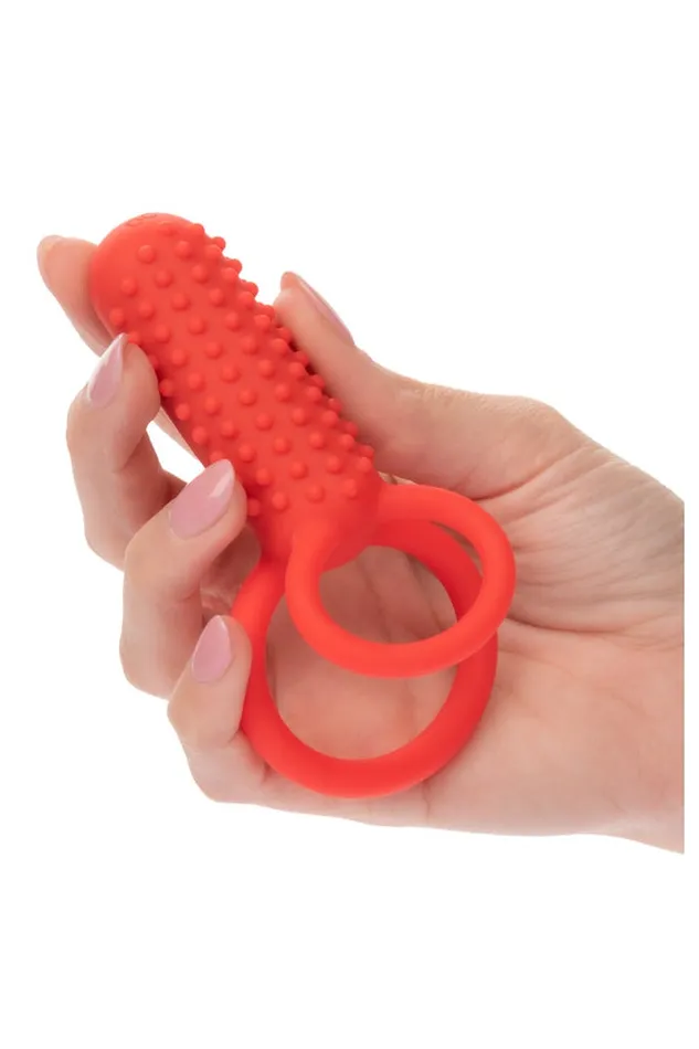 Cal Exotics Male Sex Toys Cal Exotics Couples Enhancer Silicone Rechargeable Vertical Dual Cock Ring Red