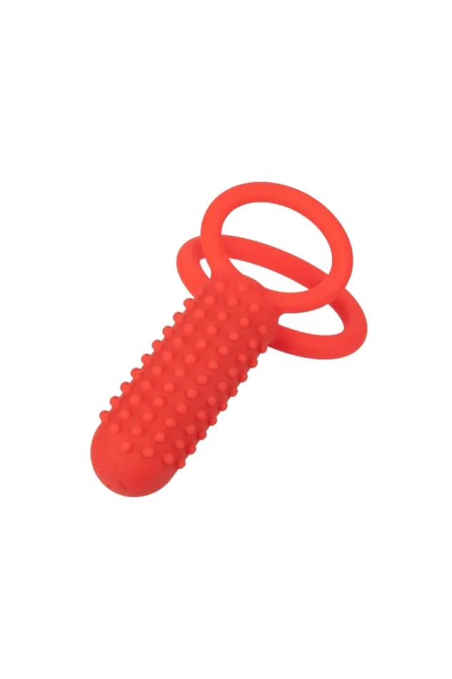 Cal Exotics Male Sex Toys Cal Exotics Couples Enhancer Silicone Rechargeable Vertical Dual Cock Ring Red