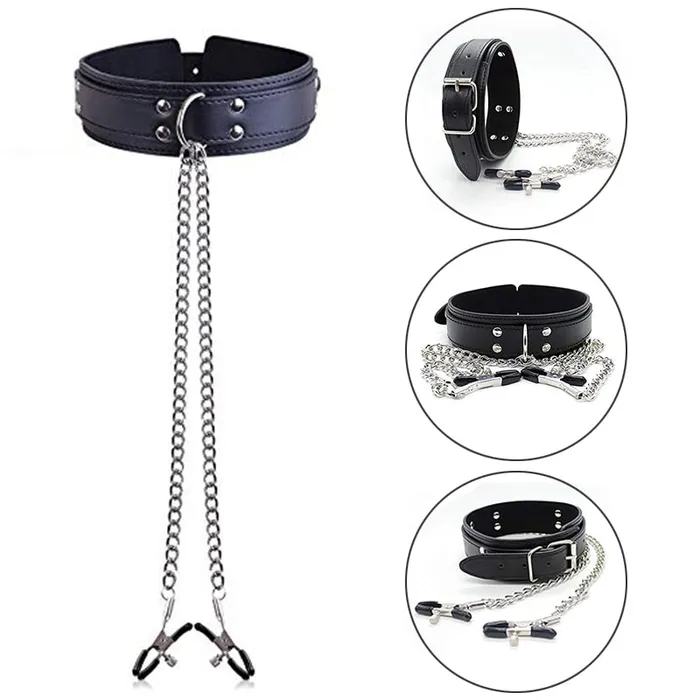 LAZADASEXTOYS Couples Fetish Nipple Clamps Chain Breast Clip Female Leather Adult Erotic Bdsm Leather Bondage Sex Toys For Woman Couples Accessories