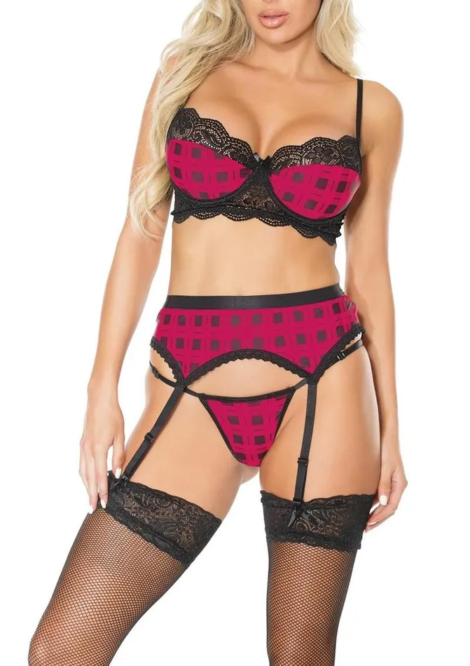 Vibrators Pink Pussycat Pink Pussycat Plaid Bra Garter Belt and GString
