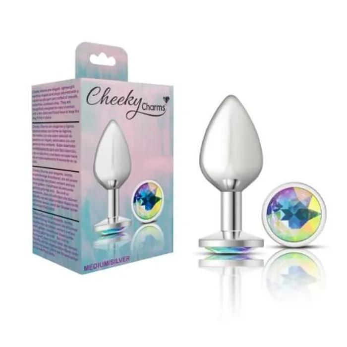 Cheeky Charms Silver Round Butt Plug w Clear Iridescent Jewel Large Cheeky Charms Anal