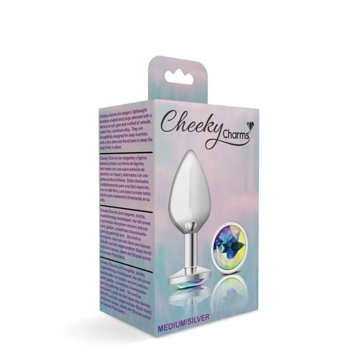 Cheeky Charms Silver Round Butt Plug w Clear Iridescent Jewel Large Cheeky Charms Anal